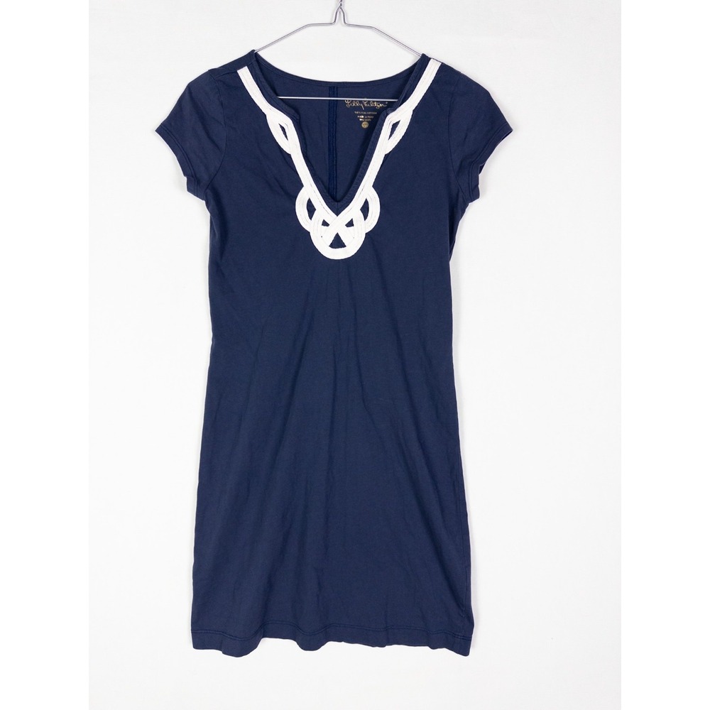 Lilly Pulitzer Dress Womens XXS Blue V Neck Embroidered Midi Shirt Short Sleeve‎